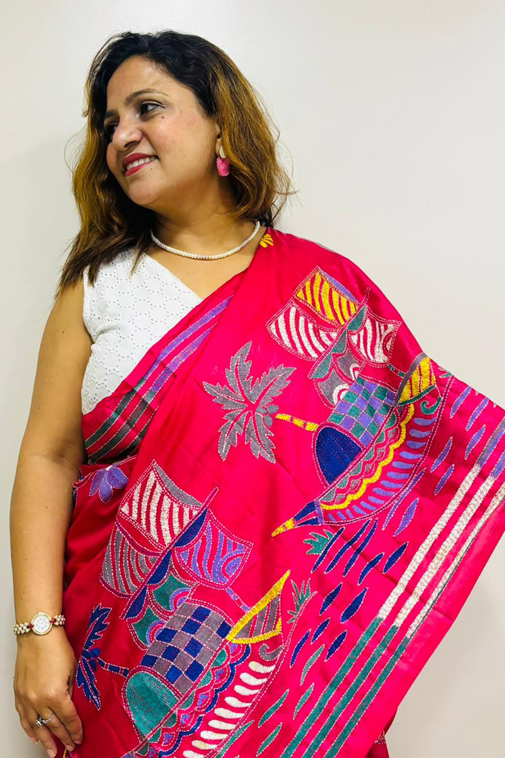 Pink Hand Embroidered Kantha Silk Saree - Luxurion World