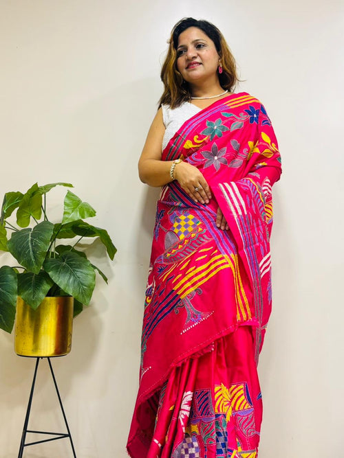 Pink Hand Embroidered Kantha Silk Saree - Luxurion World