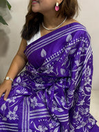 Purple Hand Embroidered Kantha Silk Saree - Luxurion World