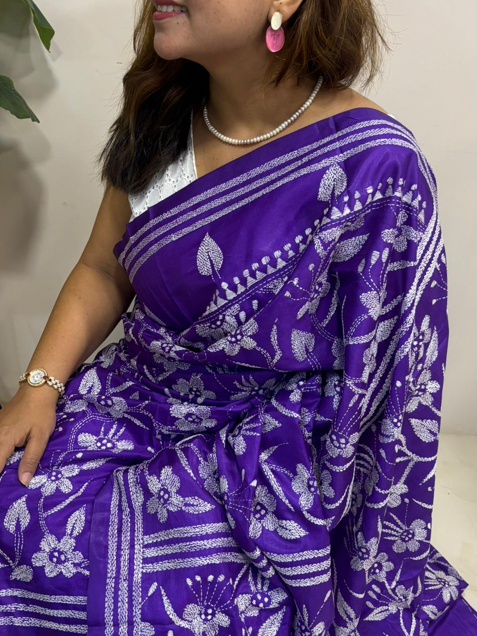 Purple Hand Embroidered Kantha Silk Saree - Luxurion World