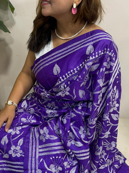 Purple Hand Embroidered Kantha Silk Saree - Luxurion World