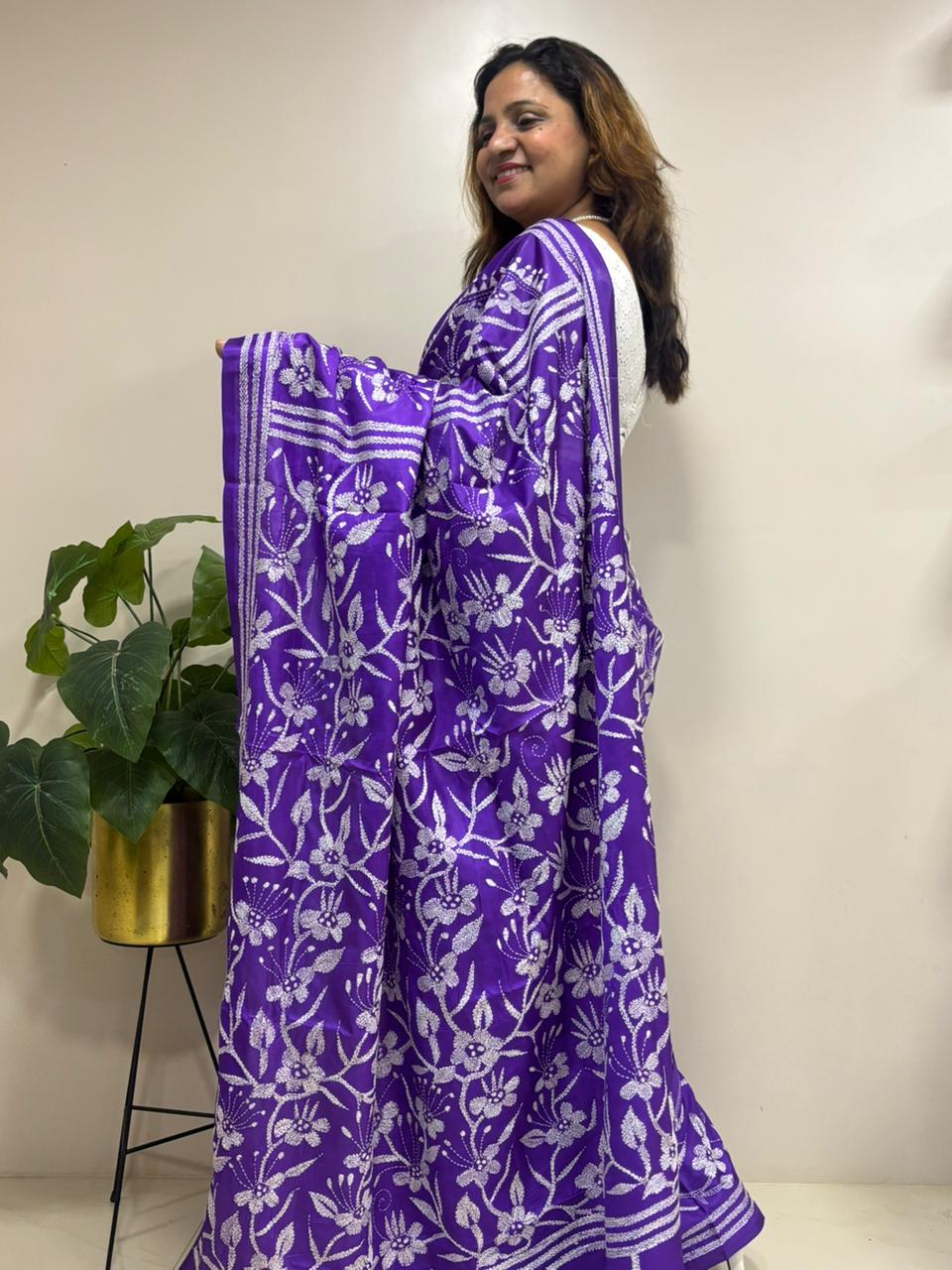Purple Hand Embroidered Kantha Silk Saree - Luxurion World