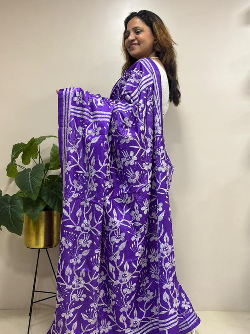 Purple Hand Embroidered Kantha Silk Saree - Luxurion World
