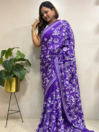 Purple Hand Embroidered Kantha Silk Saree - Luxurion World