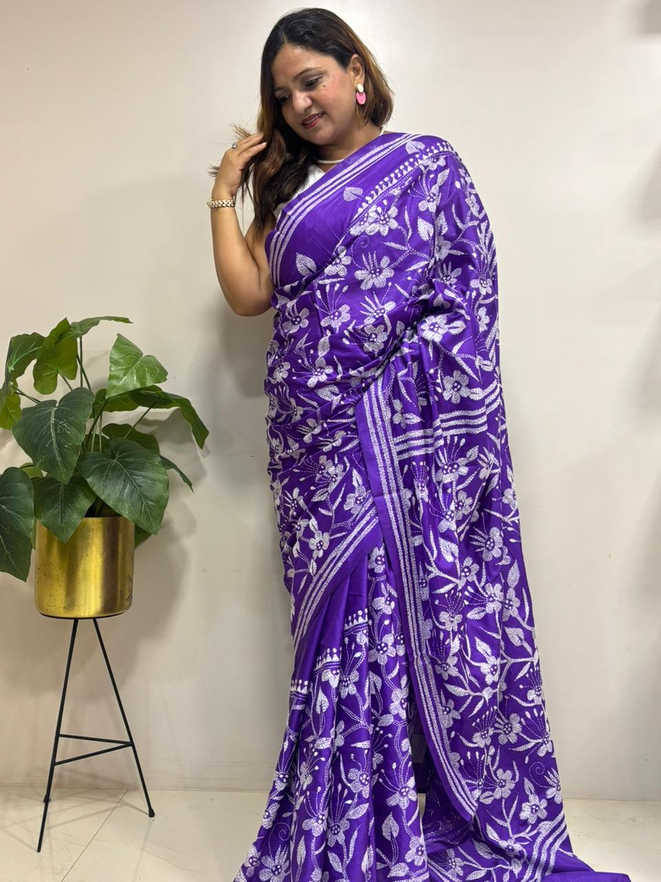 Purple Hand Embroidered Kantha Silk Saree - Luxurion World