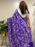 Purple Hand Embroidered Kantha Silk Saree - Luxurion World