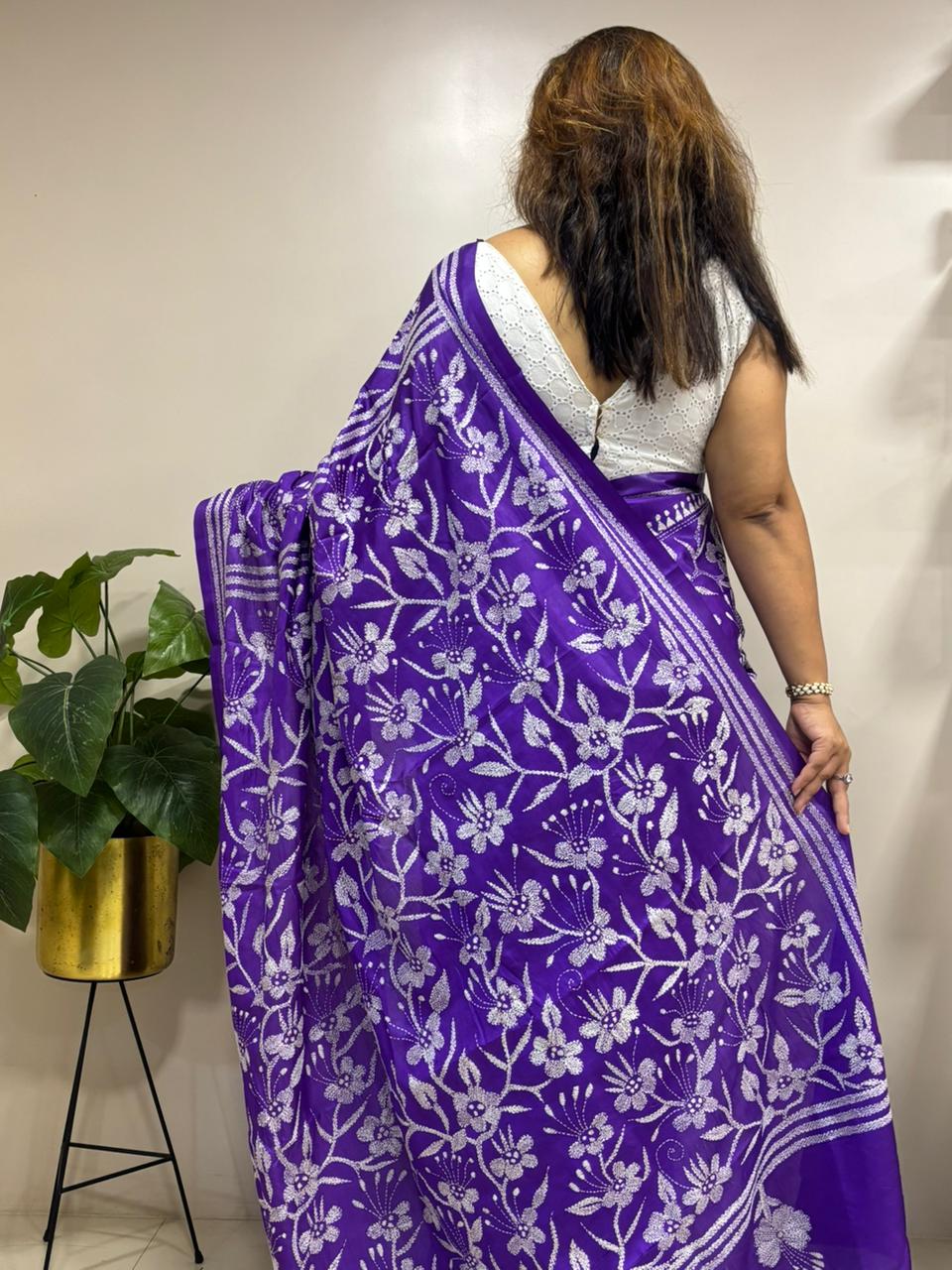 Purple Hand Embroidered Kantha Silk Saree - Luxurion World