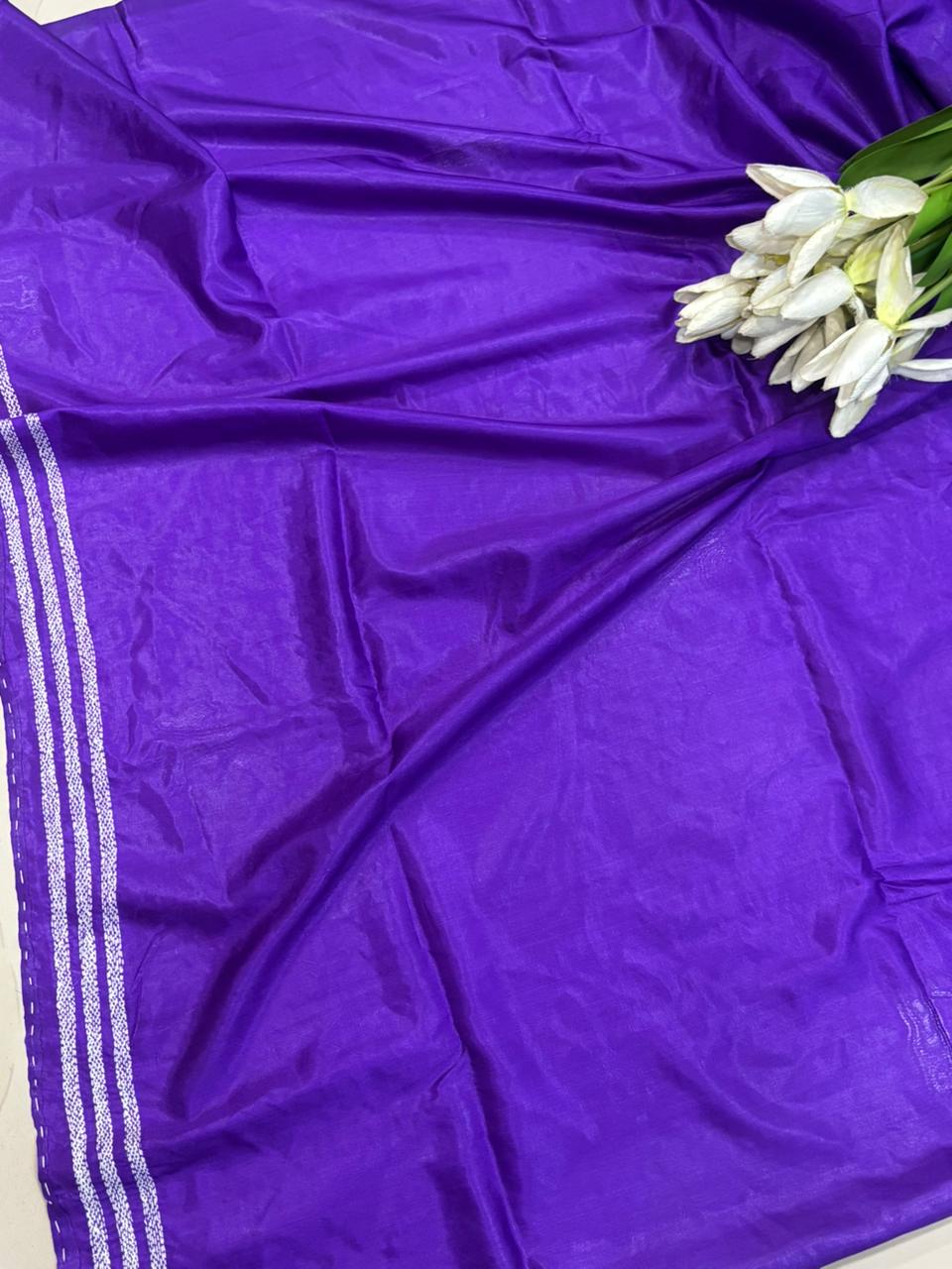 Purple Hand Embroidered Kantha Silk Saree - Luxurion World