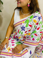 White Hand Embroidered Kantha Silk Saree - Luxurion World