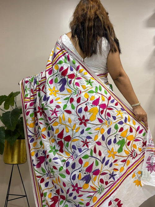 White Hand Embroidered Kantha Silk Saree - Luxurion World