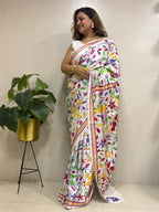 White Hand Embroidered Kantha Silk Saree - Luxurion World