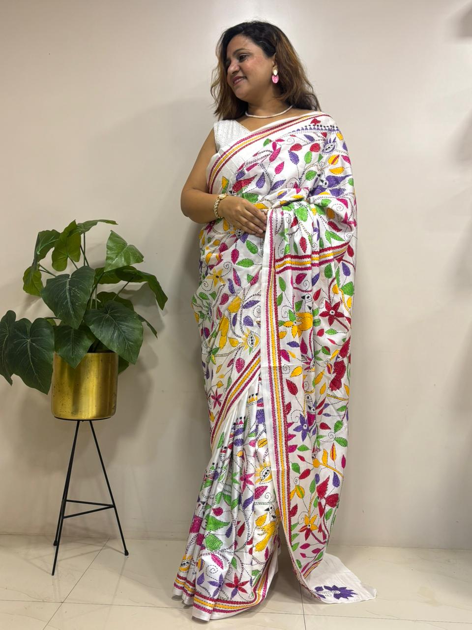 White Hand Embroidered Kantha Silk Saree - Luxurion World