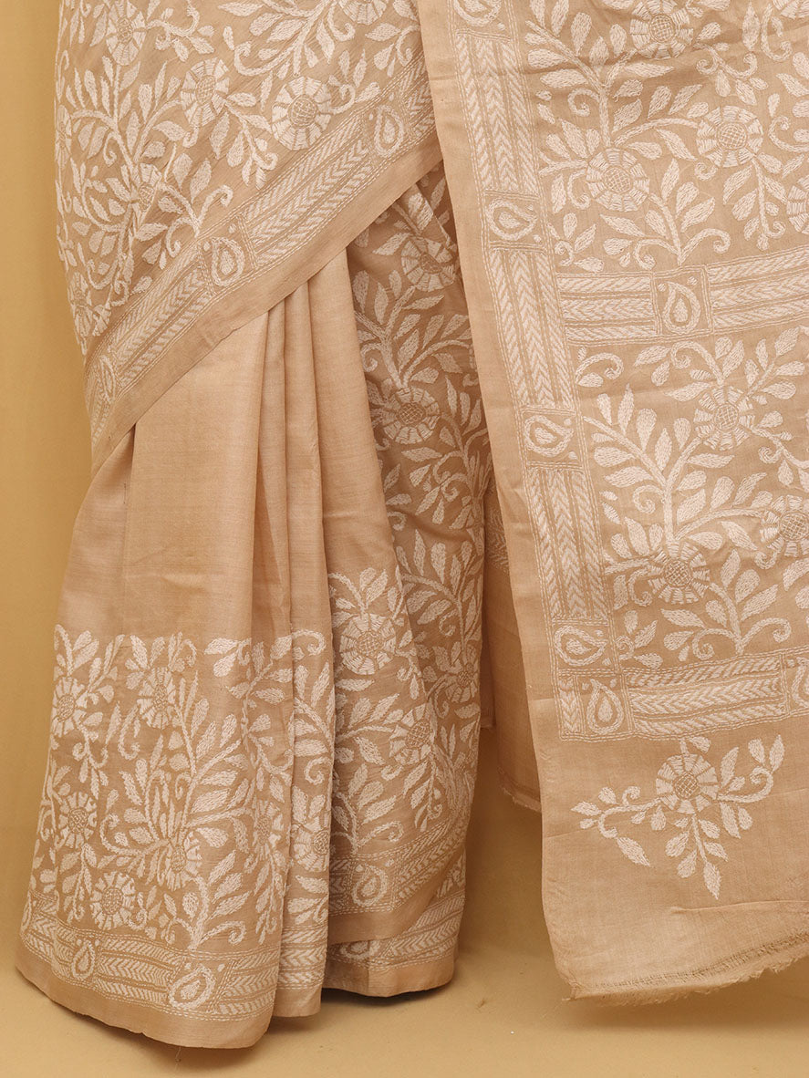 Pastel Hand Embroidered Kantha Pure Tussar Silk Saree