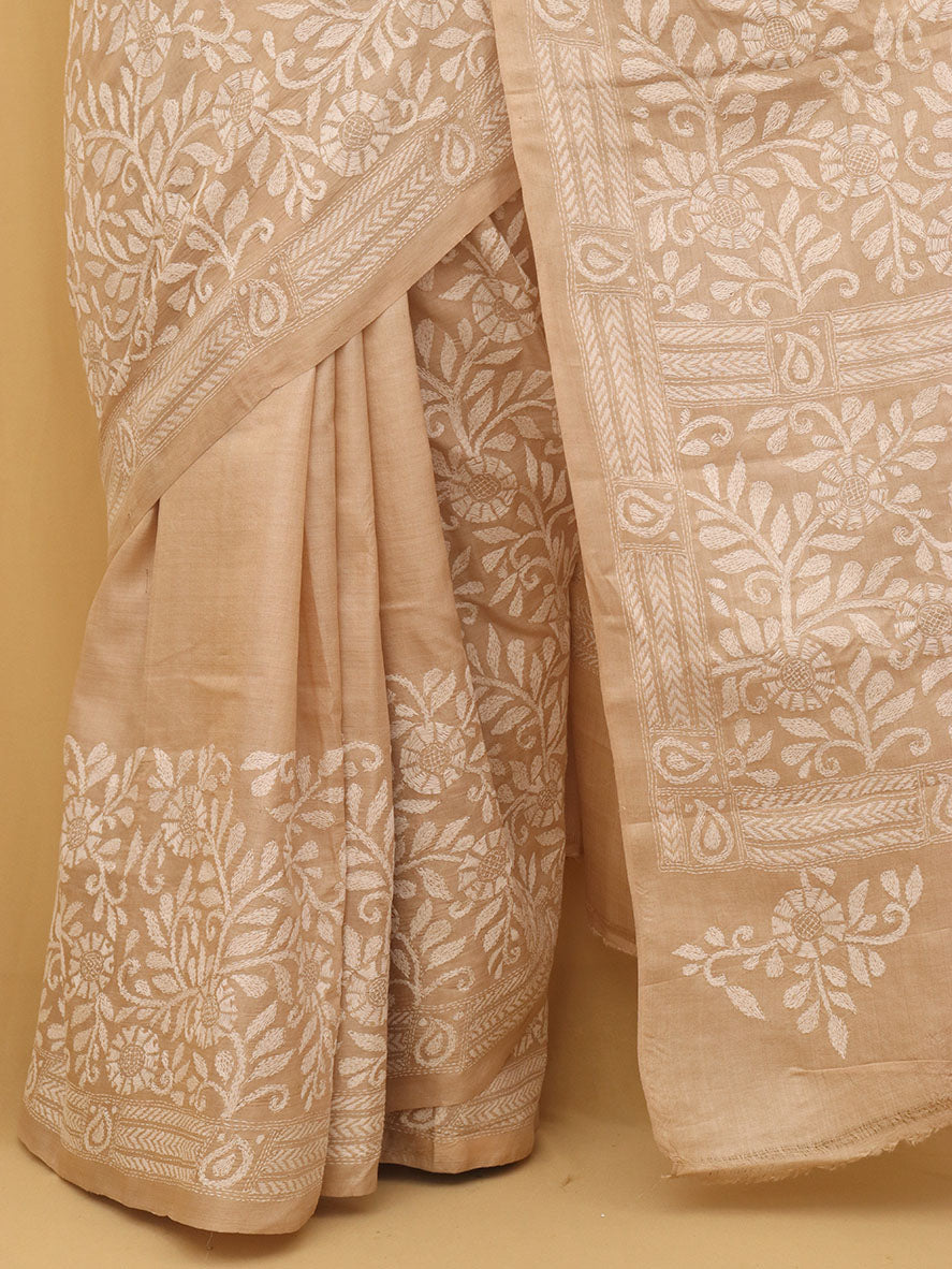 Pastel Hand Embroidered Kantha Pure Tussar Silk Saree - Luxurion World