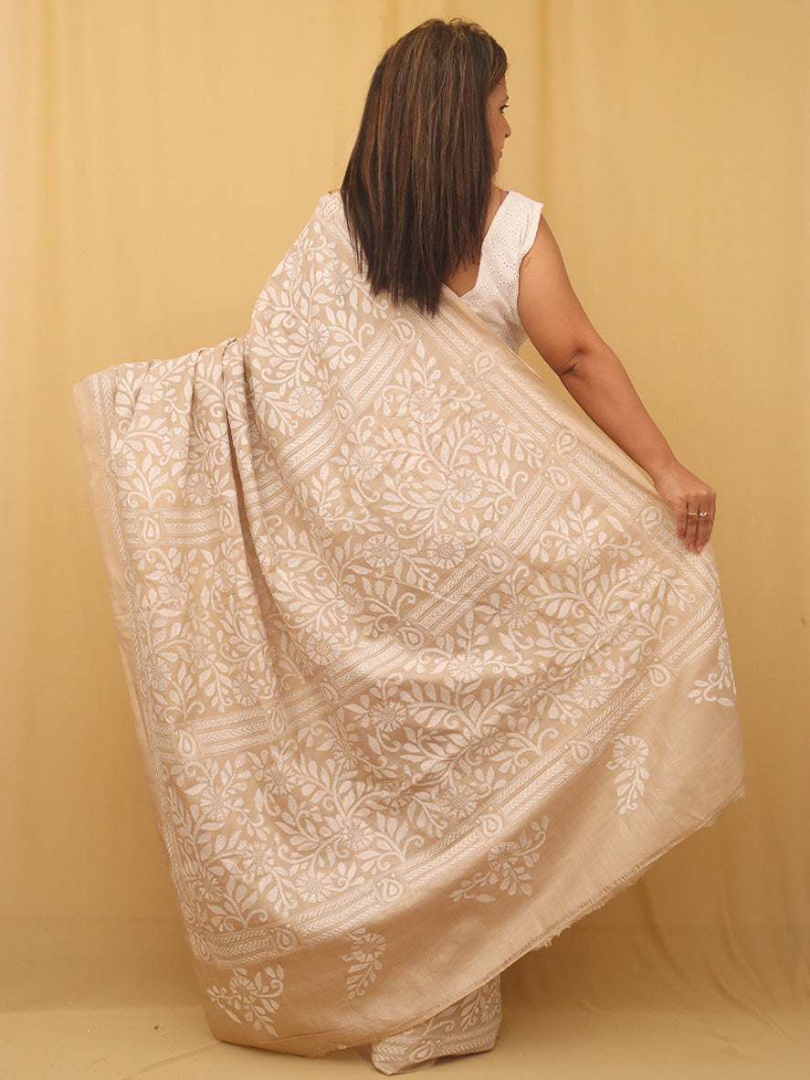 Pastel Hand Embroidered Kantha Pure Tussar Silk Saree - Luxurion World