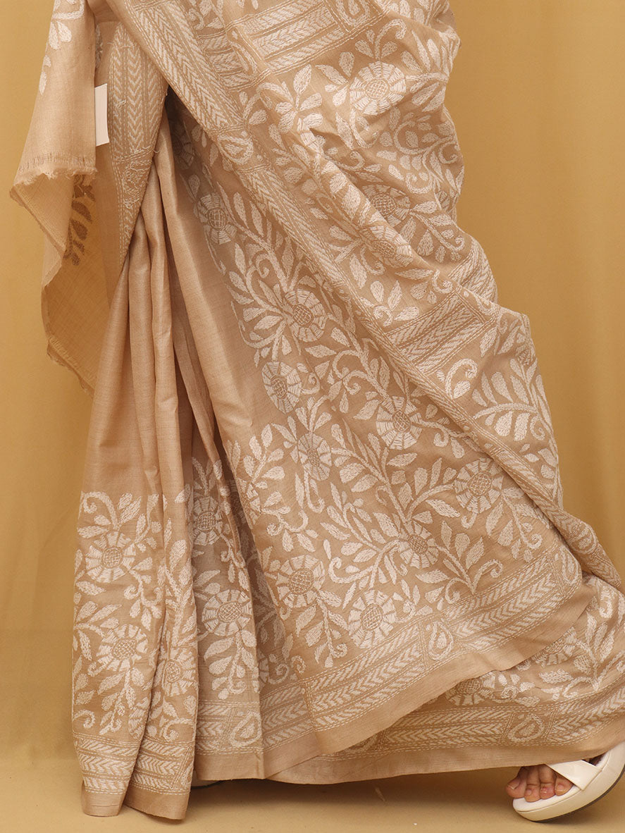 Pastel Hand Embroidered Kantha Pure Tussar Silk Saree - Luxurion World