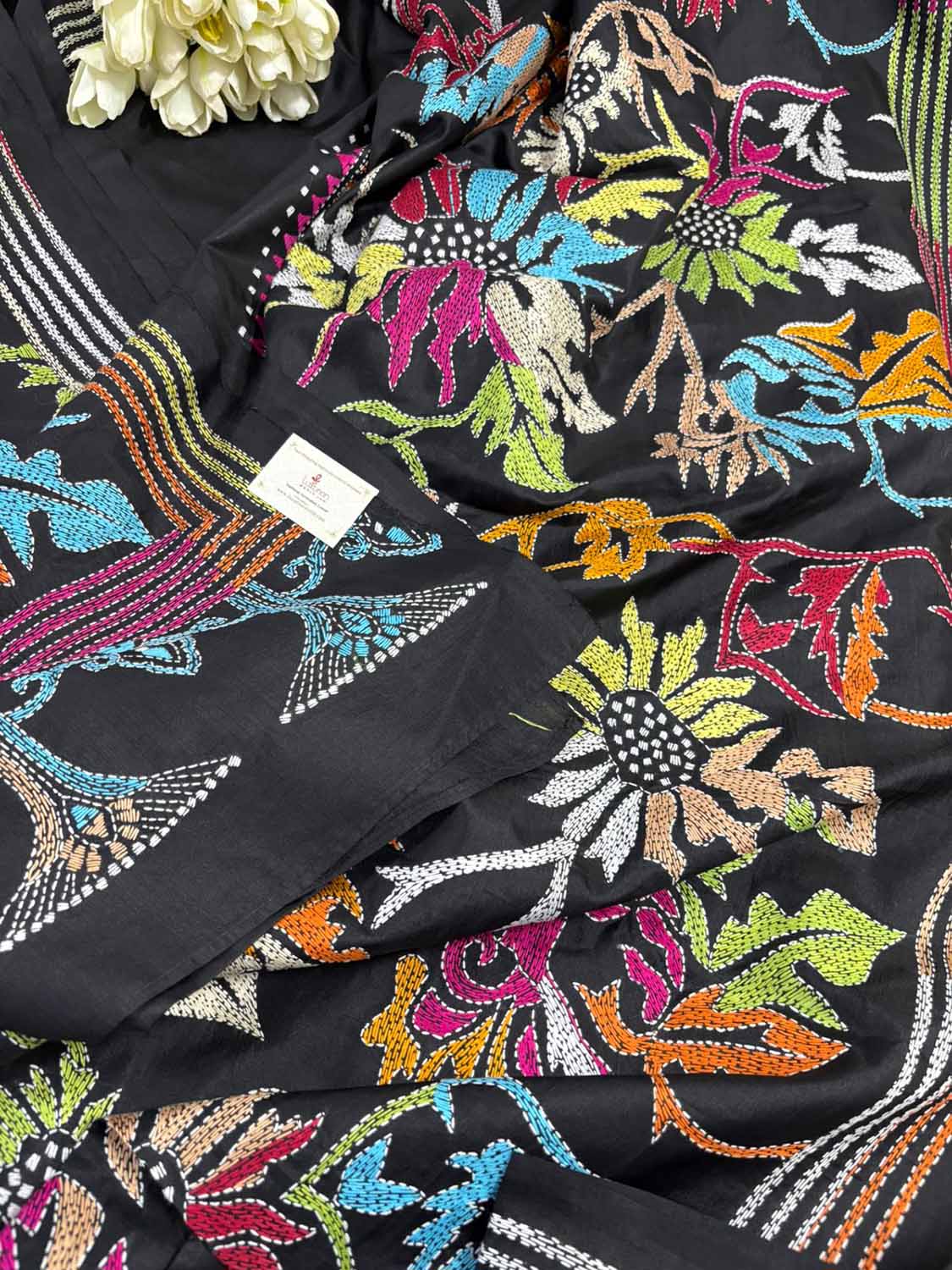 Exquisite Black Kantha Silk Saree with Hand Embroidery - Luxurion World