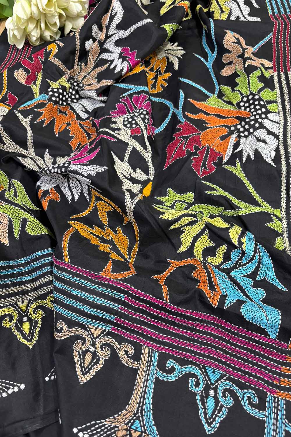 Exquisite Black Kantha Silk Saree with Hand Embroidery - Luxurion World