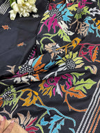 Exquisite Black Kantha Silk Saree with Hand Embroidery - Luxurion World