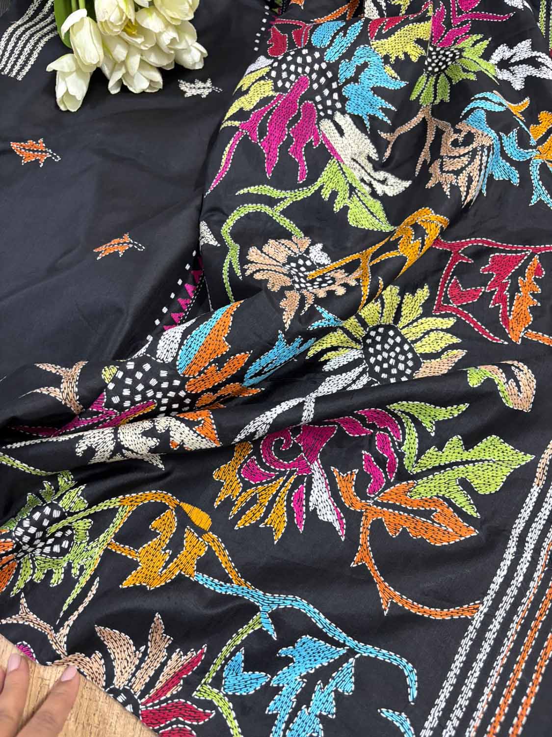 Exquisite Black Kantha Silk Saree with Hand Embroidery - Luxurion World