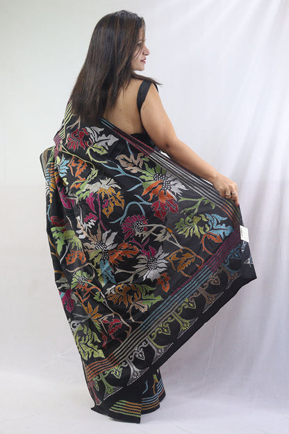 Exquisite Black Kantha Silk Saree with Hand Embroidery