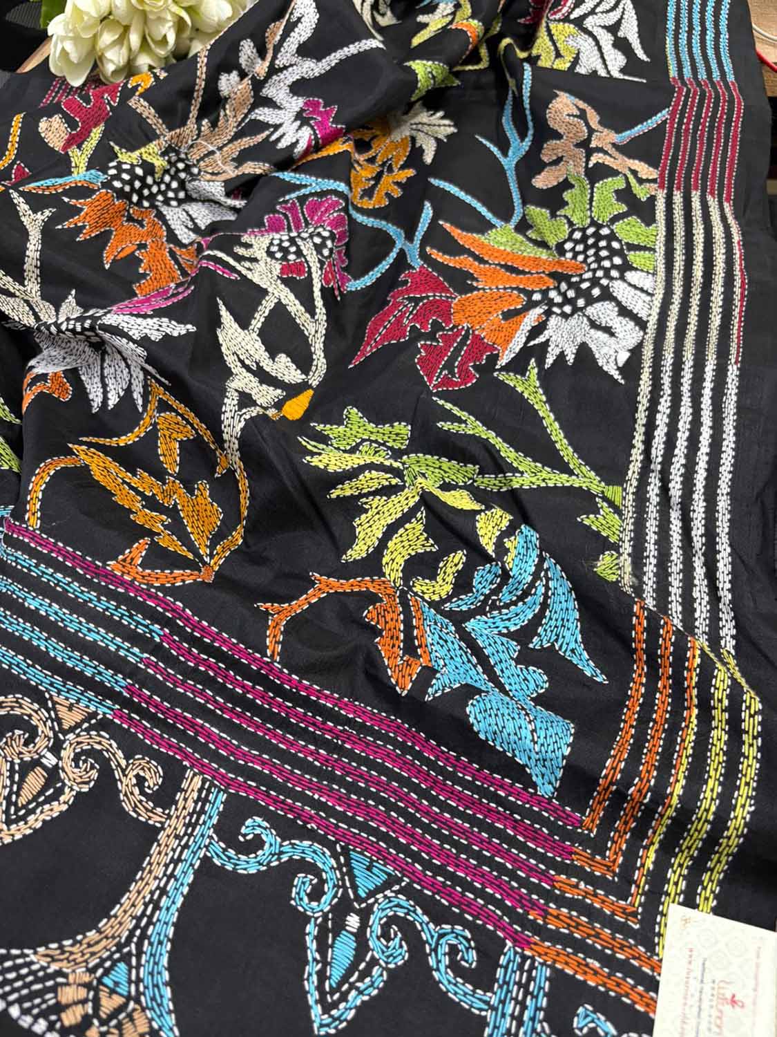 Exquisite Black Kantha Silk Saree with Hand Embroidery - Luxurion World