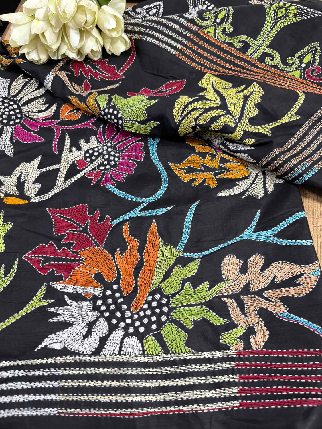 Exquisite Black Kantha Silk Saree with Hand Embroidery - Luxurion World