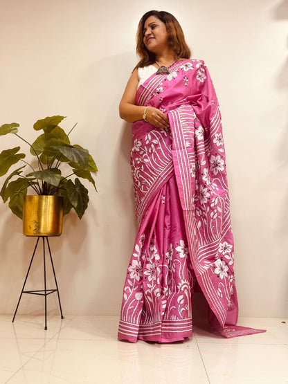Pink Hand Embroidered Kantha Pure Bangalore Silk Saree - Luxurion World