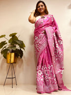 Pink Hand Embroidered Kantha Pure Bangalore Silk Saree - Luxurion World
