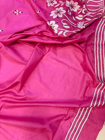 Pink Hand Embroidered Kantha Pure Bangalore Silk Saree - Luxurion World