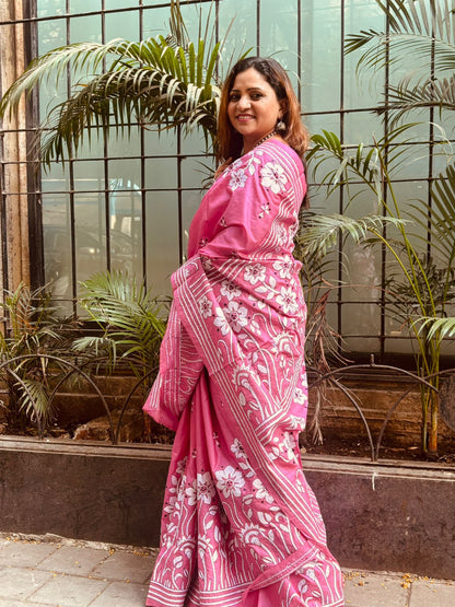 Pink Hand Embroidered Kantha Pure Bangalore Silk Saree - Luxurion World