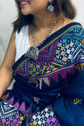 Blue Hand Embroidered Kantha Pure Bangalore Silk Saree - Luxurion World