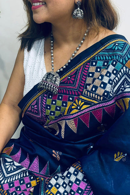 Blue Hand Embroidered Kantha Pure Bangalore Silk Saree - Luxurion World