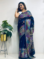 Blue Hand Embroidered Kantha Pure Bangalore Silk Saree - Luxurion World