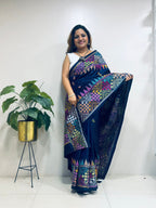Blue Hand Embroidered Kantha Pure Bangalore Silk Saree - Luxurion World