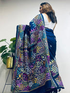 Blue Hand Embroidered Kantha Pure Bangalore Silk Saree - Luxurion World
