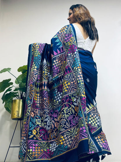Blue Hand Embroidered Kantha Pure Bangalore Silk Saree - Luxurion World