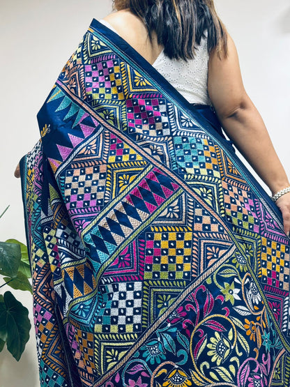 Blue Hand Embroidered Kantha Pure Bangalore Silk Saree - Luxurion World