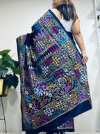 Blue Hand Embroidered Kantha Pure Bangalore Silk Saree - Luxurion World