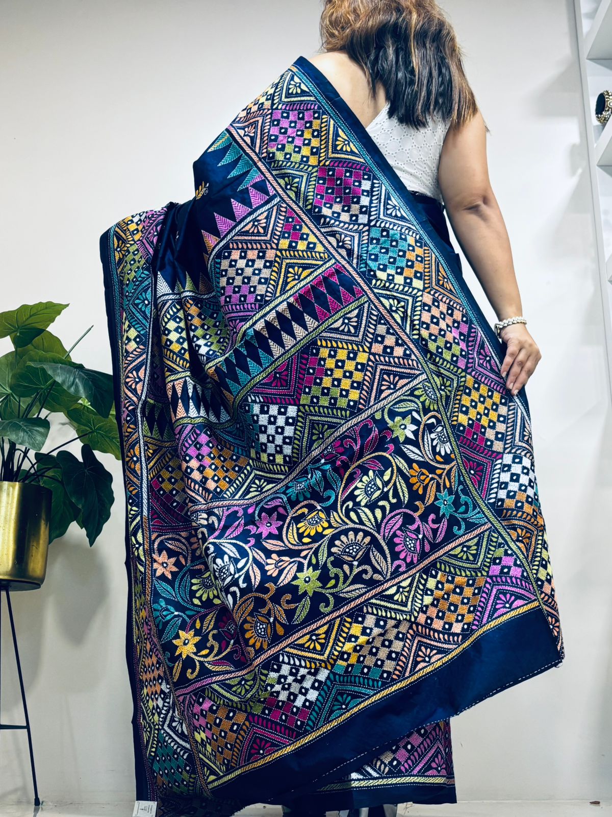 Blue Hand Embroidered Kantha Pure Bangalore Silk Saree - Luxurion World