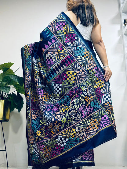 Blue Hand Embroidered Kantha Pure Bangalore Silk Saree - Luxurion World