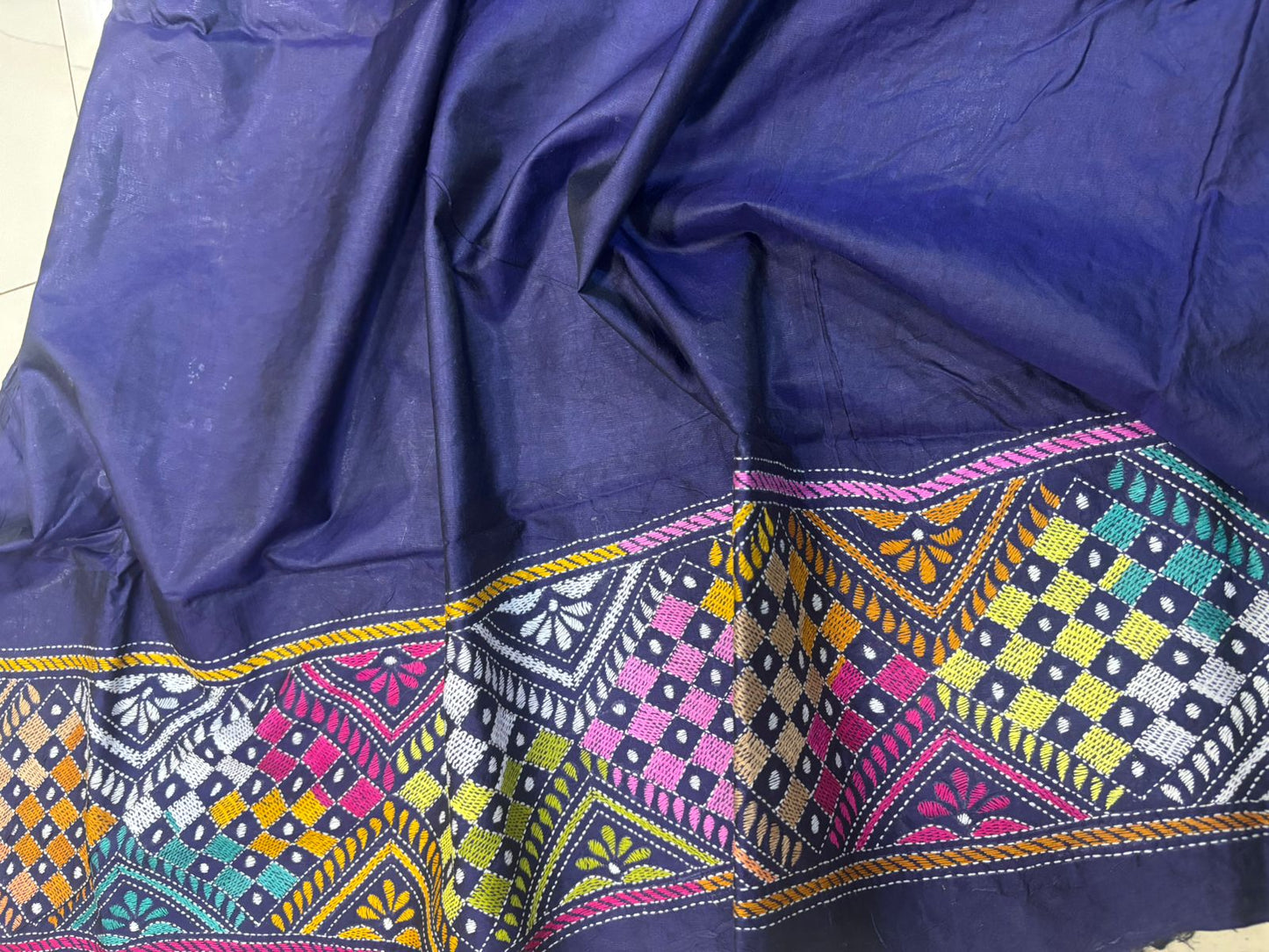 Blue Hand Embroidered Kantha Pure Bangalore Silk Saree - Luxurion World