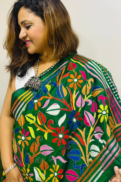 Green Hand Embroidered Kantha Pure Bangalore Silk Saree - Luxurion World