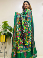 Green Hand Embroidered Kantha Pure Bangalore Silk Saree - Luxurion World