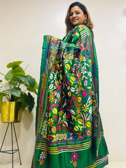 Green Hand Embroidered Kantha Pure Bangalore Silk Saree - Luxurion World