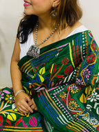 Green Hand Embroidered Kantha Pure Bangalore Silk Saree - Luxurion World