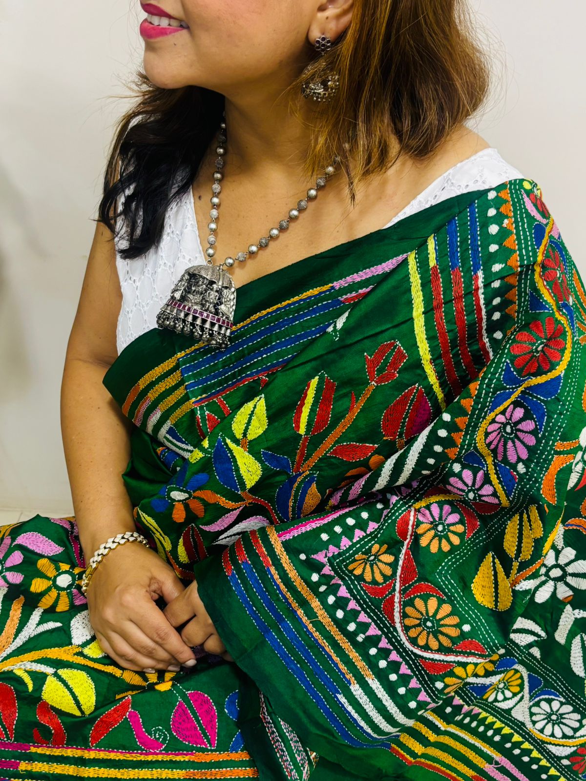 Green Hand Embroidered Kantha Pure Bangalore Silk Saree - Luxurion World