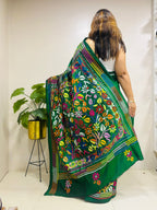 Green Hand Embroidered Kantha Pure Bangalore Silk Saree - Luxurion World