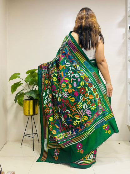 Green Hand Embroidered Kantha Pure Bangalore Silk Saree - Luxurion World