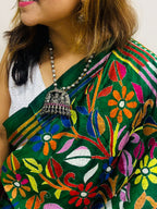 Green Hand Embroidered Kantha Pure Bangalore Silk Saree - Luxurion World